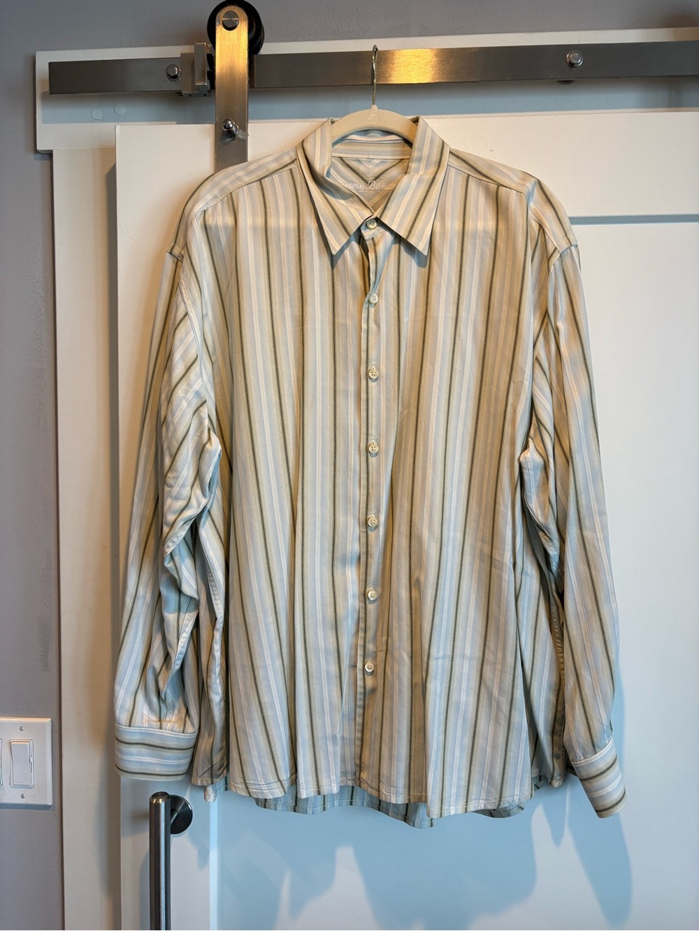 Tommy Bahama Cream, Light Green and Light Blue Striped Dress Shirt